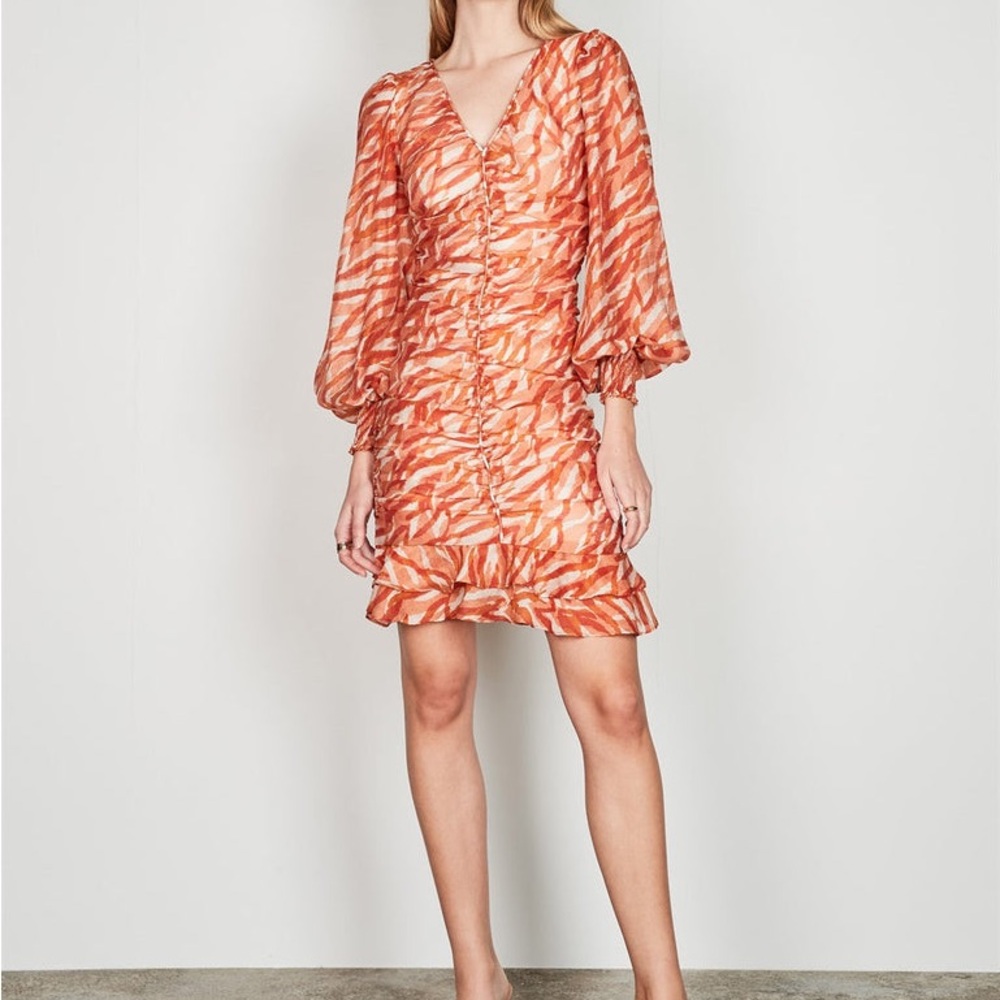 NWT Esmaee Feline Ruched Mini Dress Small Orange White Stripe Print Ruffle Party